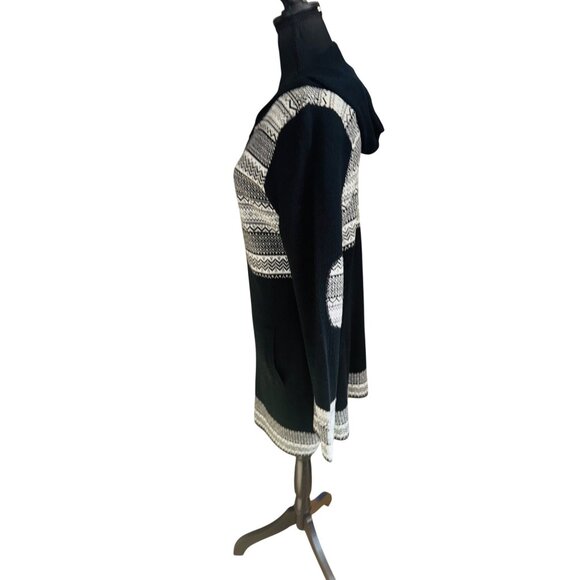 Telluride Womens Black White Long Hood Zip-Up Nordic Fair Isle Sweater Cardigan - Picture 5 of 8